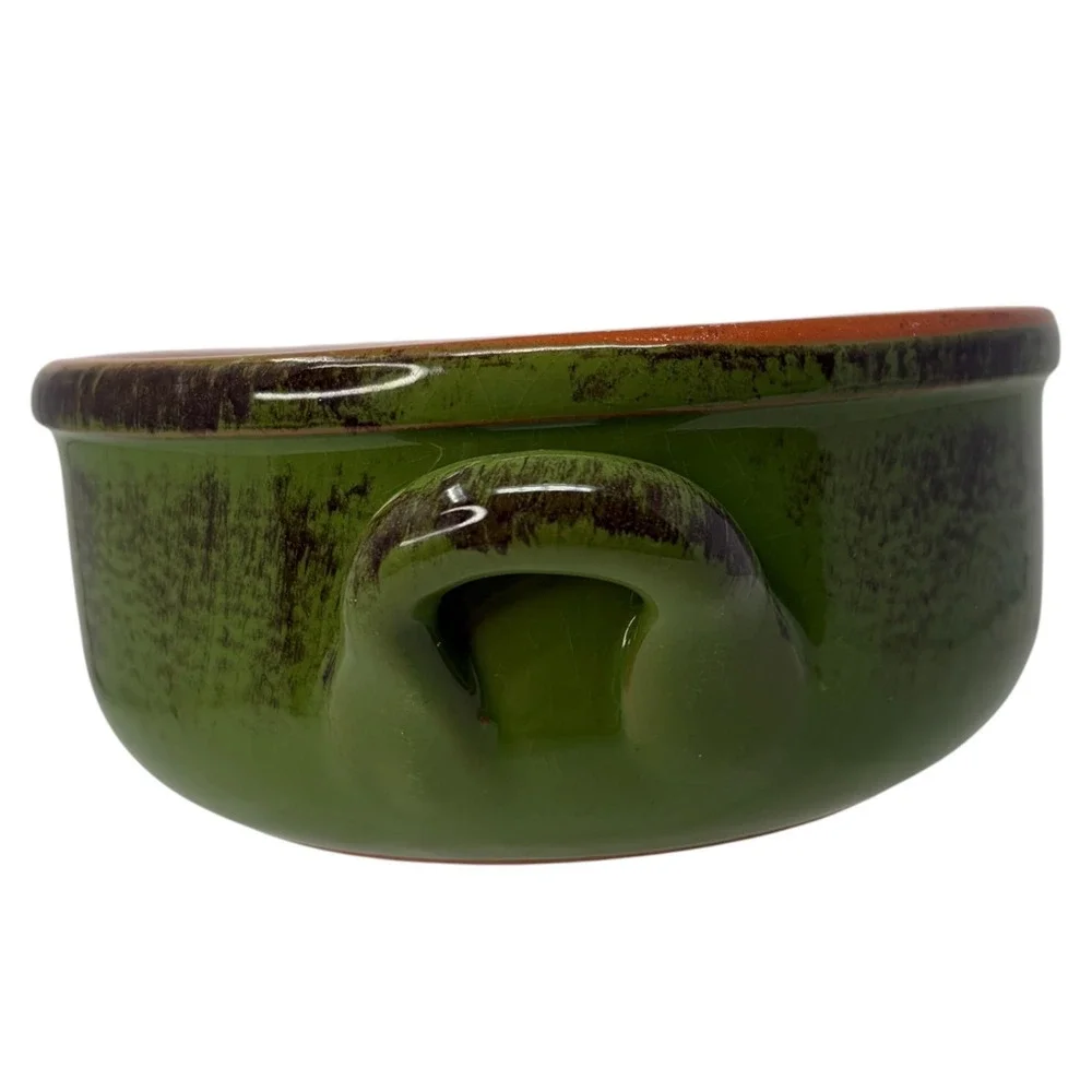 Vintage De Silva Italy Green Terracotta Soup Bowl Crock w Handles Majolica